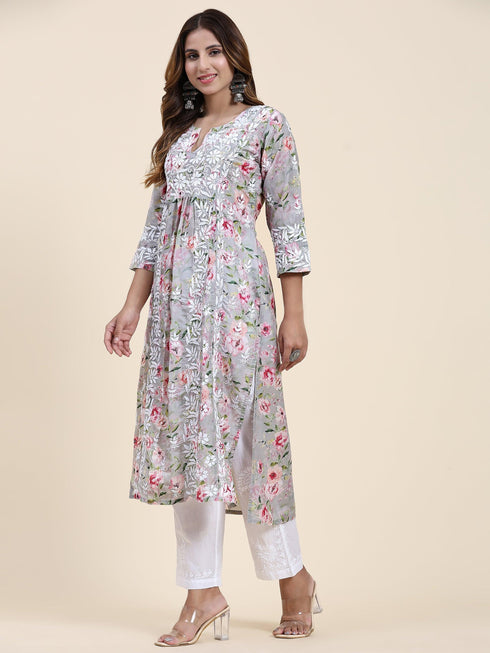 Urmi in Fizaa Chikankari Long Kurta in Muslin Cotton for Women- Grey Print